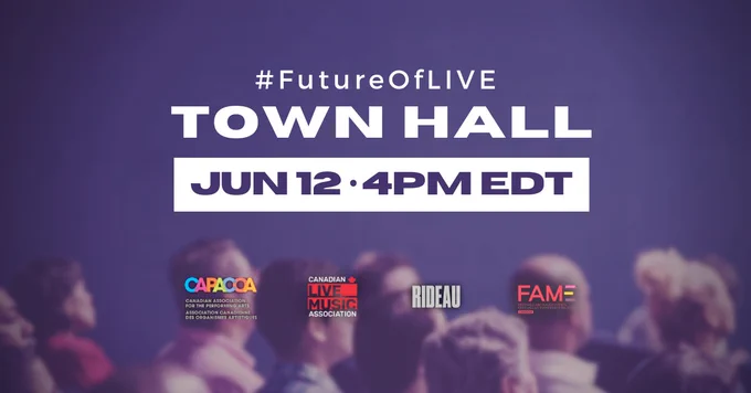 A purple square with an image of seated audience members in the background. The title “#FutureOfLIVE Town Hall” is featured in white font, with the date of June 12 and time of 4:00 pm EDT in purple font. The logos of the four event partners are shown at the bottom of the image. 