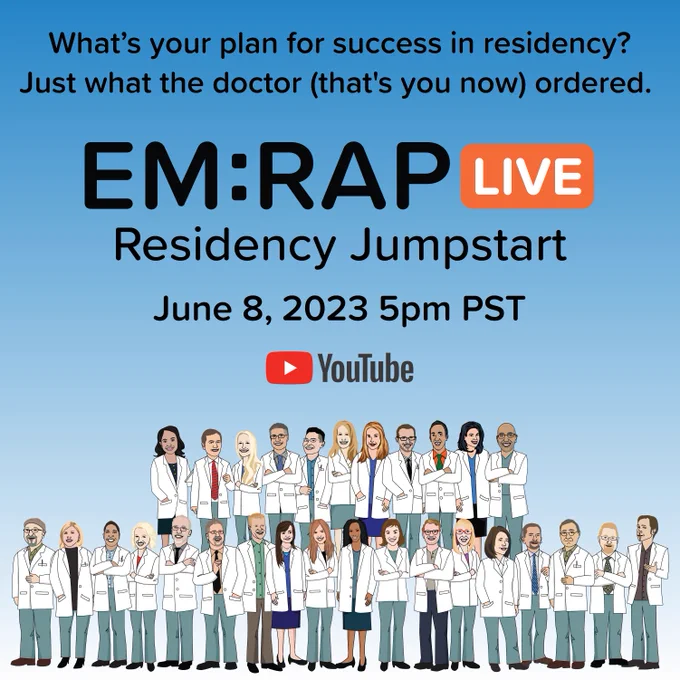 #NewResidentJumpstart
#EMLaunchpad #EMJumpstart #EMRAP #EMresidency #ACEP #FOAMed #MedEd #EMeducation #EMchat #EMTwitter #EMResident #EMAttending #EMPeds #EMLife #emergencymedicine #tipsfornewinterns #embound #MedTwitter  
