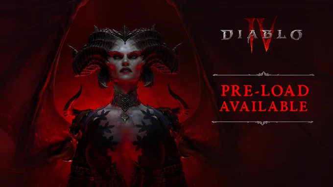 Diablo 4's Lilith stands against a red background, next to a Diablo 4 logo and text that reads, Pre-load available.