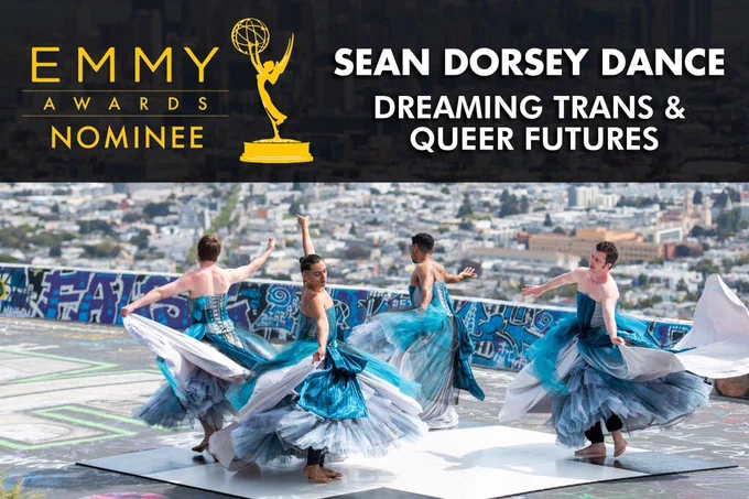 Image is a promotional poster for a film -- the title of the film is in white font on the image and I reads "Sean Dorsey Dance: Dreaming Trans & Queer Futures". The image shows 4 dancers dancing outside on a graffiti-covered path on the side of a tall hill. Behind them in the distance are the tall buildings of downtown San Francisco. The dancers are all wearing elaborate couture ball gowns, and as they spin, the fabric dances and is lifted into the air. Along the edges of the photograph are 14 film laurels, each with the name of a different international film festival that this film has been screened at.