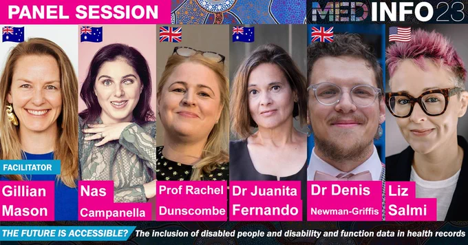 social card highlighting headshots of the 6 panelists for the Medinfo panel session - the future is accessible?