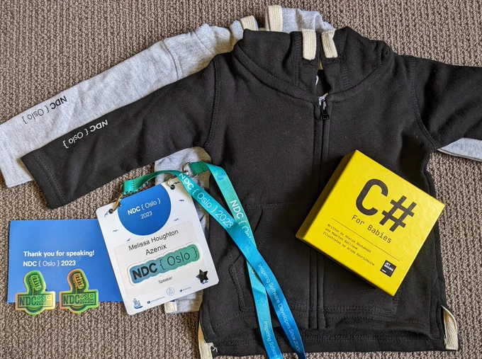 Kid NDC Hoodies, C# for babies flash cards, NDC Oslo speaker badge and stickers