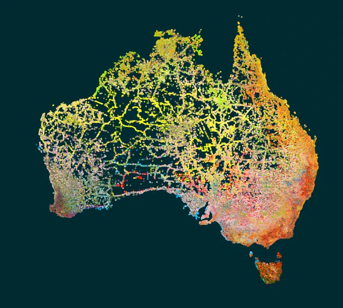 map of Australia with multi-coloured data points