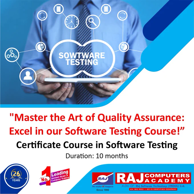 Leading National Brand in Computer Training Institute

Raj Computers Academy
CAREER बनाने में आपका सच्चा साथी

"Unlock the Secrets of Bug Hunting: Join our Software Testing Course Today!"

Join Certificate Course in Software Testing

#TestDrivenDevelopment #TestingCertification #TestingTechniques #SoftwareQuality #TestAutomation #QualityAssurance #TestingSkills #QATraining #SoftwareTesting 