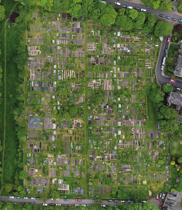 A aerial image of a community allotment, a place for growing fresh green produce, flowers, and encouraging wildlife.
