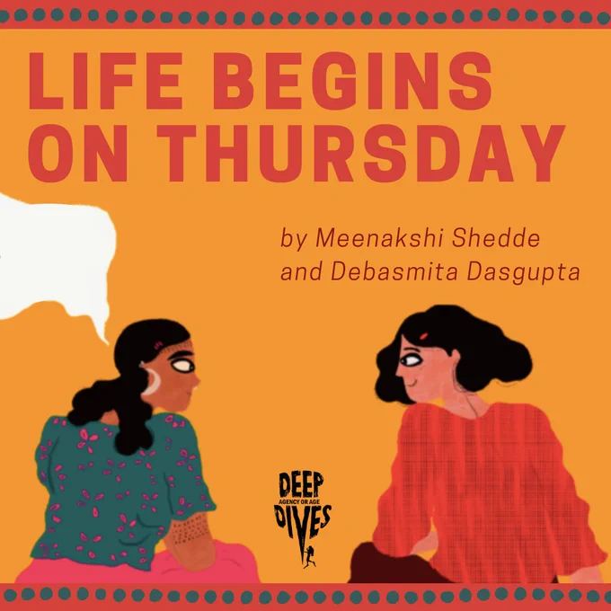 Illustration of two girls sitting and talking to each other with the title "Life Begins On Thursday by Meenakshi Shedde and Debasmita Dasgupta"