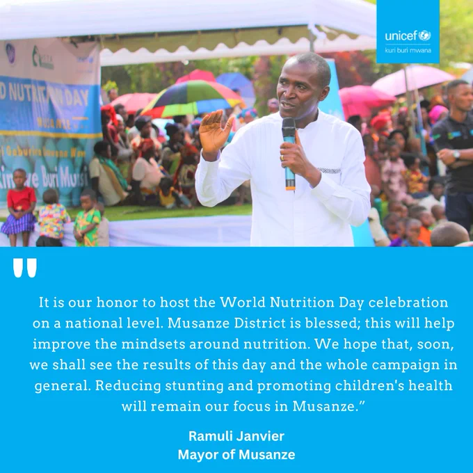“It is our honor to host the World Nutrition Day on a national level. Musanze District is blessed; this will help improve the mindsets around nutrition. We hope that, soon, we shall see the results of this day and the whole campaign in general. Reducing stunting and promoting children's health will remain our focus in Musanze.” Ramuli Janvier, Mayor of Musanze.