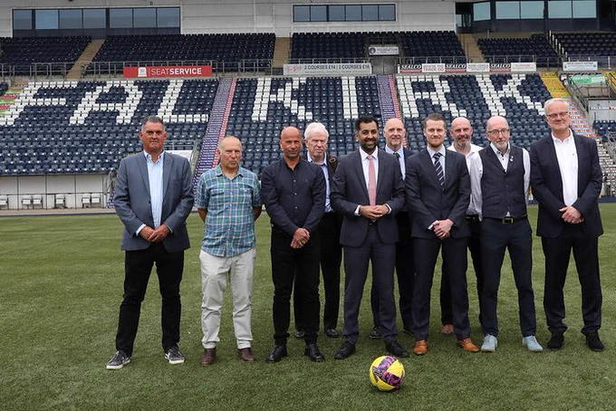 First Minister Humza Yousaf on Falkirk Football Club pitch.