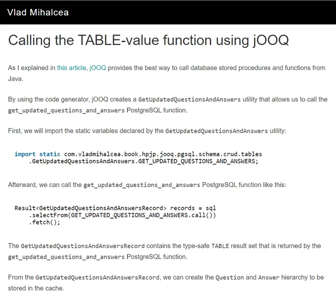 Screenshot from the article with title 'Vlad Mihalcea Calling the TABLE-Value function using JOOQ' and code example
