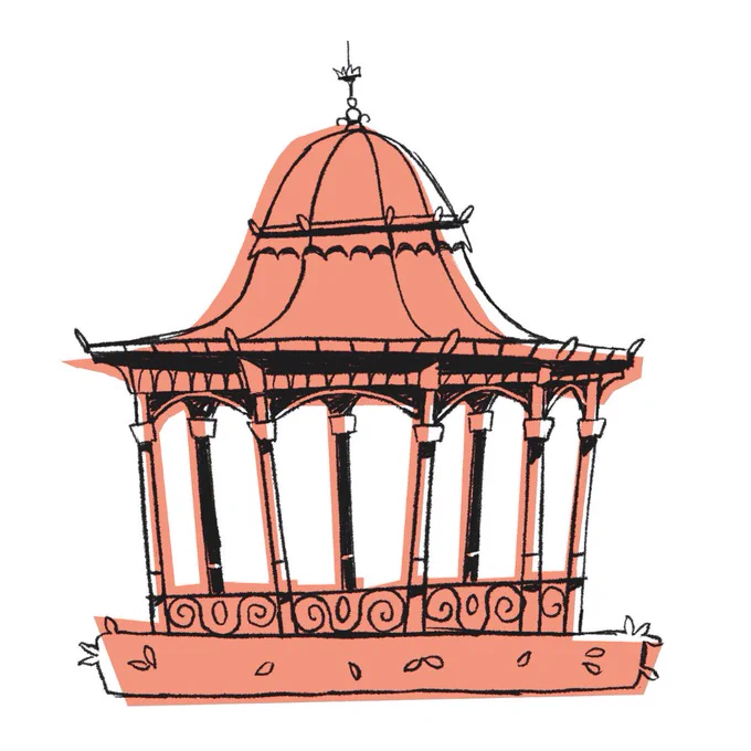A black outline illustration of the Magdalen Green bandstand, colour-blocked in peach.