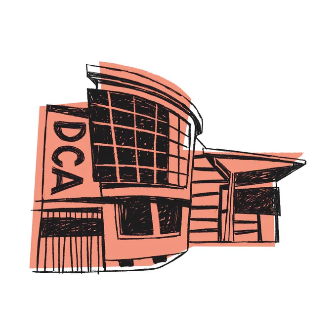 A black outline illustration of the DCA building, colour-blocked in peach.