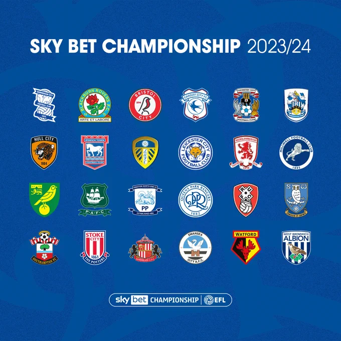 Crests of the 24 teams competing in the Sky Bet Championship in 2023/24.

Alongside QPR are Birmingham City, Blackburn Rovers, Bristol City, Cardiff City, Coventry City, Huddersfield Town, Hull City, Ipswich Town, Leeds United, Leicester City, Middlesbrough, Millwall, Norwich City, Plymouth Argyle, Preston North End, Rotherham United, Sheffield Wednesday, Southampton, Sunderland, Swansea City, Watford and West Bromwich Albion.