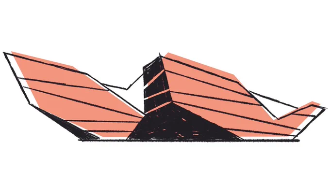 A black outline illustration of the V&A Dundee building, colour-blocked in peach.