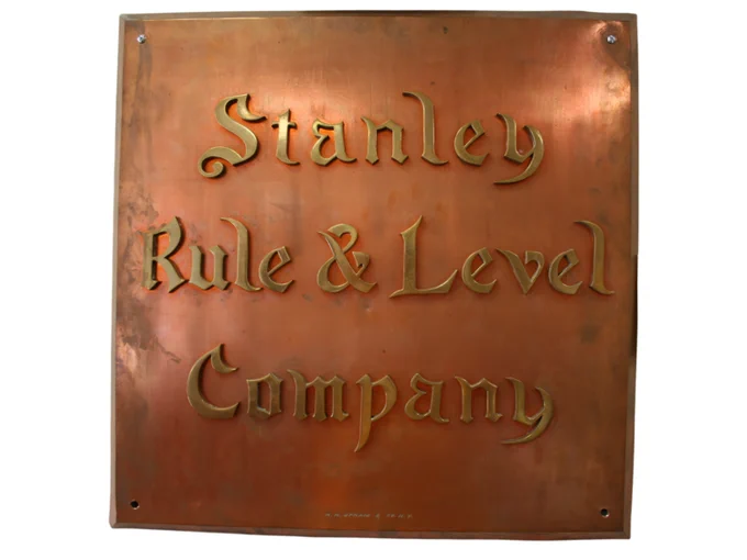 Copper and Brass Stanley Rule & Level Sign, one of two from the main factory doors between 1920 - 1935, from the New Britain Industrial Museum