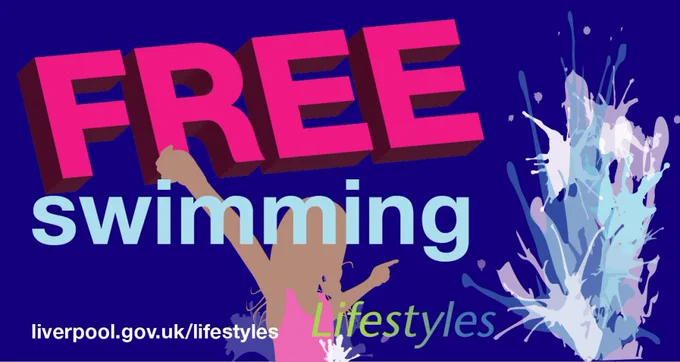 Graphic of a child swimming with the words Free Swimming