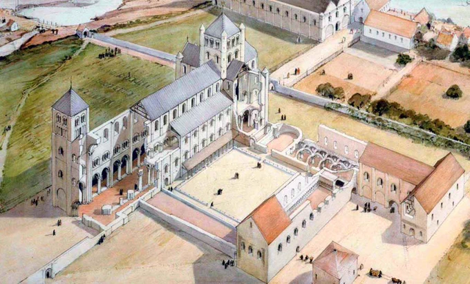 A reconstruction drawing of the Norman Abbey and Palace by Terry Ball and Richard Gem
