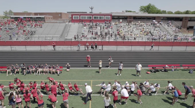 aerial view of people playing tug of war