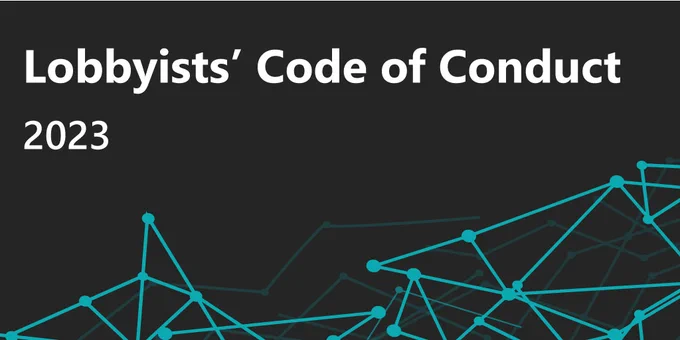 Lobbyists' Code of Conduct 2023 is written in white letters at the top of the image, and on a black background. Teal lines with some connecting dots are overlaid at the bottom. 