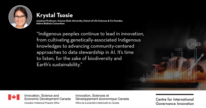 A quote from Krystal Tsosie, Assistant Professor of Arizona State University’s School of Life Sciences. Text: Indigenous peoples continue to lead in innovation, from cultivating genetically-associated Indigenous knowledges to advancing community-centered approaches to data stewardship in AI. It’s time to listen, for the sake of biodiversity and Earth’s sustainability.