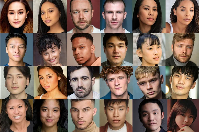 A photo showing 24 headshots featuring the Miss Saigon cast