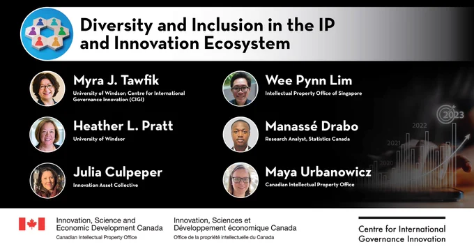 Speaker card of presenters. Text: Diversity and Inclusion in the IP and Innovation Ecosystem.