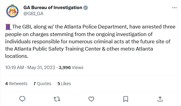 The GBI, along w/ the Atlanta Police Department, have arrested three people on charges stemming from the ongoing investigation of individuals responsible for numerous criminal acts at the future site of the Atlanta Public Safety Training Center & other metro Atlanta locations.