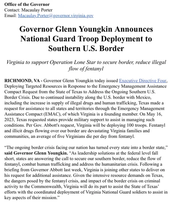 A screencap of an email that leads off with: "Governor Glenn Youngkin Announces National Guard Troop Deployment to Southern U.S. Border Virginia to support Operation Lone Star to secure border, reduce illegal flow of fentanyl"
