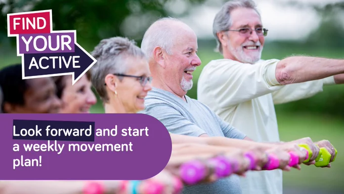 The image shows several people outside partaking in exercise and smiling
