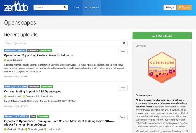 Screenshot of Zenodo Openscapes community page. Top blue banner with 'zenodo' in white text, right side Openscapes logo, middle shows a search bar 'Search Openscapes' and lists 3 Openscapes Zenodo records
