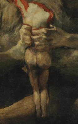 A close up of the painting Saturn Devouring His Son by Francisco Goya. Specifically of Saturn clutching his son's bloodied torso.