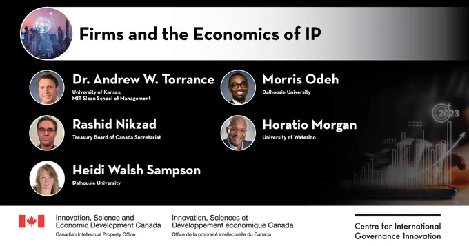 Speaker card of presenters. Text: Firms and the Economics of IP.