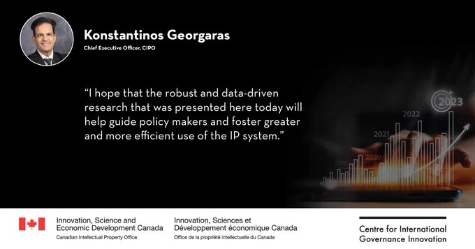 A quote from CIPO CEO Konstantinos Georgaras. Text: I hope that the robust and data-driven research that was presented here today will help guide policy makers and foster greater and more efficient use of the IP system.