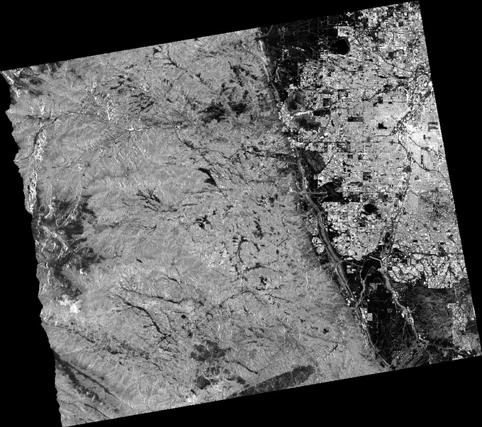 A Sentinel-1 GRD image where the radiometric and terrain distortions introduced by side-looking radar imaging have been removed.