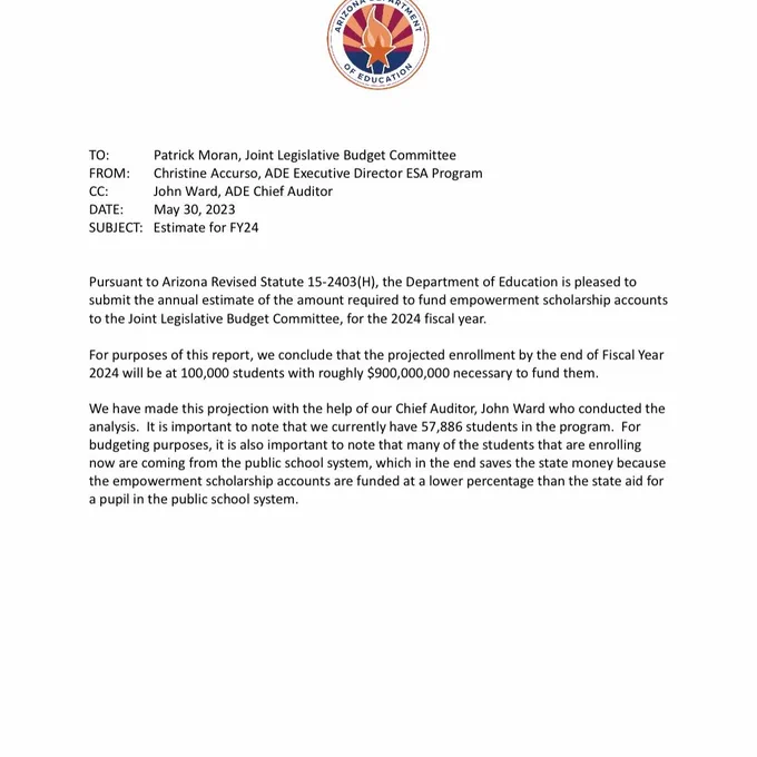 PHOTO: 05-30-2023 memo from Christine Accurso, ADE Executive Director, ESA Program, to Patrick Moran, Joint Legislative Budget Committee, indicates  John Ward, ADE Chief Auditor, has concluded the school choice program needs $900million to fund FY2024 enrollment.