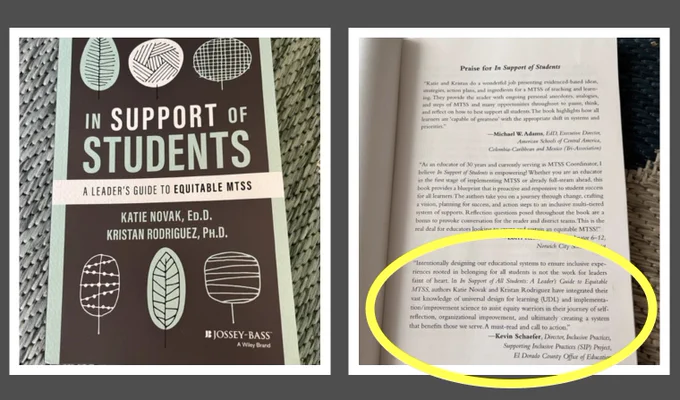 Two photos, one of the cover of the new book, In Support of Students and the other of reviews.