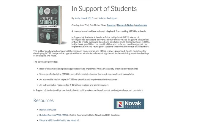 Screenshot of the Novak Education webpage promoting the release of the new book In Support of Students.