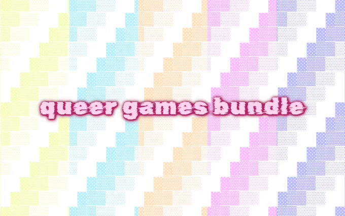 a colorful piece of art shows the words "queer games bundle" in pink text, with a background of unicode block drawing characters of different opacities