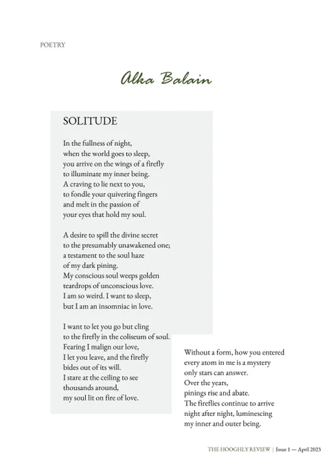 Poetry
Alka Balain
Solitude
The Hooghly Review
Issue 1 April 2023
