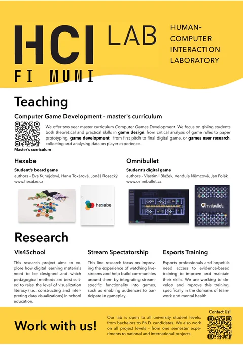 yellow white poster with HCILab Logo, 2 QR codes for teaching and one for Lab website, description text about teaching and research and four images about two games which students were designed.