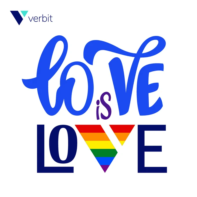 An image reading "Love is Love" on a white background with blue lettering. The "V" in the second mention of the word "love" appears is a Verbit "V" logo design with rainbow coloring.