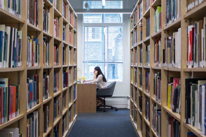 A view of the stacks at Bartlett Library