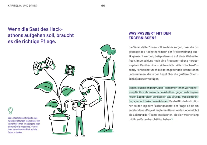 Die Veranstalter*innen sollten dafür sorgen, dass die Er- gebnisse des Hackathons nach der Preisverleihung pub- lik gemacht werden, beispielsweise auf einer Webseite. Auch, im Anschluss noch eine Pressemitteilung heraus- zugeben. Darüber hinausreichende Schritte in Sachen Pu- blicity können natürlich die datengebenden Institutionen unternehmen, die in der Regel über die größere Öffent- lichkeitspower verfügen.
Es geht auch hier darum, den Teilnehmer*innen Wertschät- zung für ihre ehrenamtliche Arbeit entgegen zu bringen – neben Sachpreisen schließlich das einzige, was sie für ihr Engagement bekommen können. Das heißt, die Institutio- nen sollten in jedem Fall (ungeachtet der Frage, ob sie ein entstandenes Projekt implementieren wollen, oder nicht) die Leistung der Teams anerkennen, die sich wochenlang mit ihren Daten beschäftigt haben .