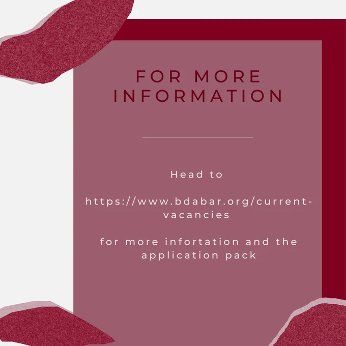 Text reads: "For more information - Head to https://www.bdabar.org/current-vacancies   for more infortation and the application pack."