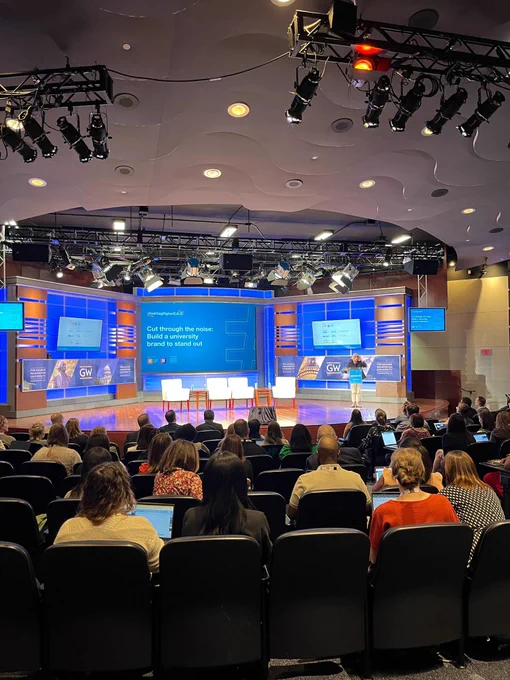 Picture of the stage during a session at THE’s HashtagHigherEd US event.