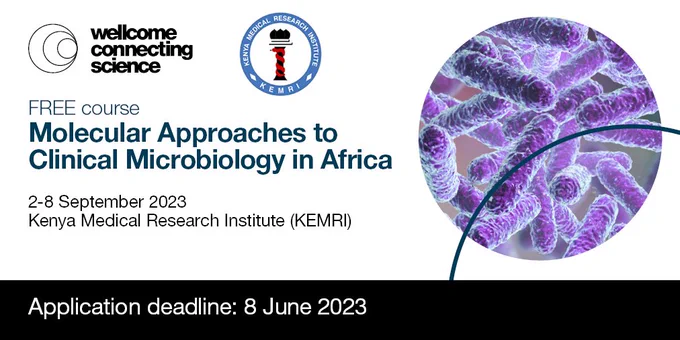 Image displays logos for Wellcome Connecting Science and the Kenya Medical Research Institute (top left)
Text reads: Molecular Approaches to Clinical Microbiology in Africa, FREE course. 
Course dates: 2-8 September 2023
Hosted by Kenya Medical Research Institute
Application deadline: 8 June 2023 