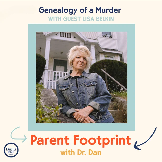 Image of Parent Footprint logo features the author Lisa Belkin who has blonde hair and a denim jacket posed in front of a white house, stairs, and she's leaning back with a subtle smile.  The second photo is Lisa's book cover.