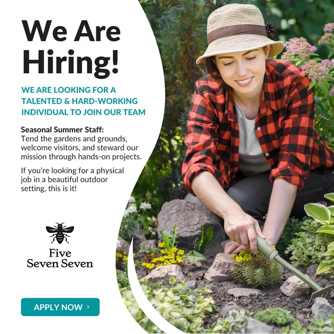 A woman wearing a hat smiles as she works tending the garden. The left side of the image features the text above.