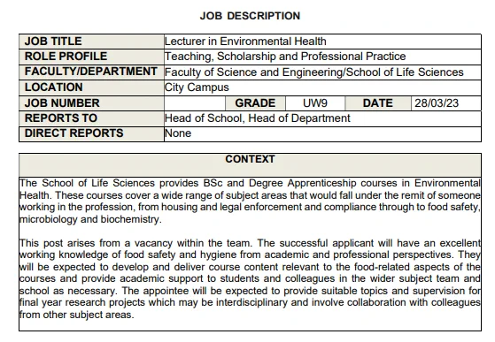Part-Time 0.5fte post
We are looking for an experienced Lecturer in Environmental Health.