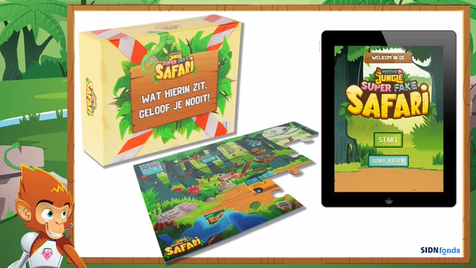 Promotional visual for the interactive game: Super Fake Safari developed by Mediajungle, The Netherlands. The visuals include a photograph of the physical box, a photograph of the puzzle and the game app. 