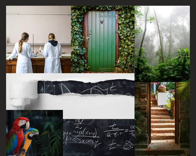 Two girls in lab coats, a green door, a rainforest, a ripped paper over physics equations, a staircase, two macaws